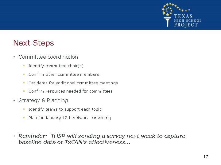 Next Steps • Committee coordination § Identify committee chair(s) § Confirm other committee members