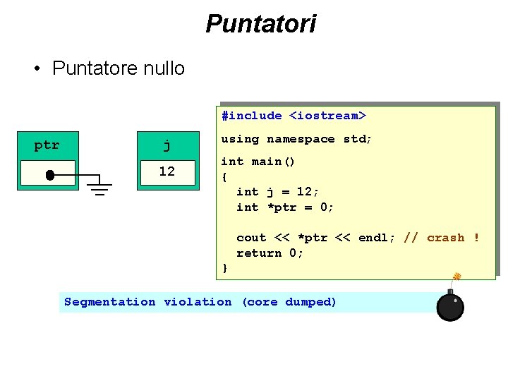 Puntatori • Puntatore nullo #include <iostream> ptr j 12 using namespace std; int main()