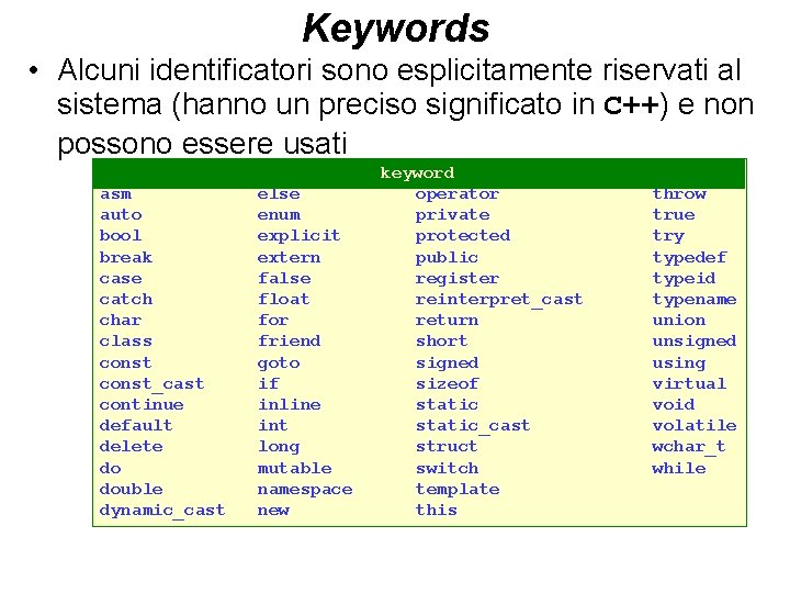 Keywords • Alcuni identificatori sono esplicitamente riservati al sistema (hanno un preciso significato in
