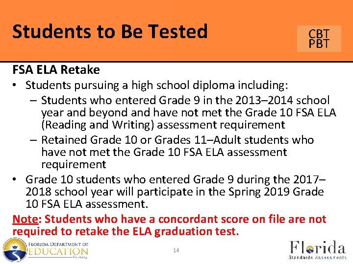 Students to Be Tested FSA ELA Retake CBT PBT • Students pursuing a high