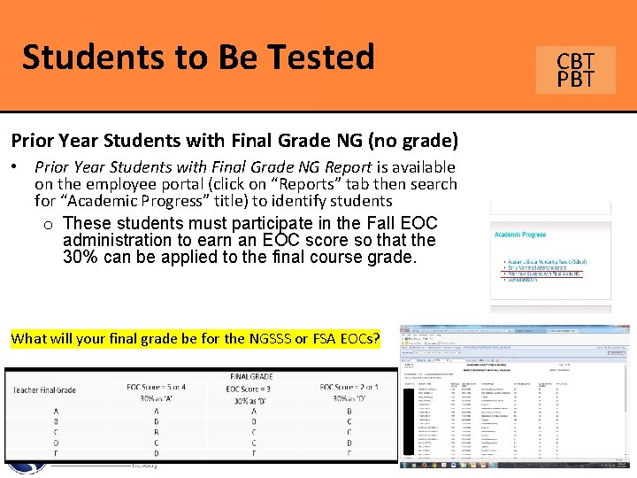 Students to Be Tested Prior Year Students with Final Grade NG (no grade) •