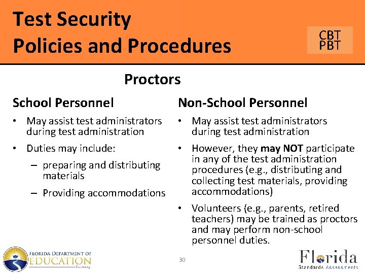 Test Security Policies and Procedures CBT Proctors School Personnel Non-School Personnel • May assist