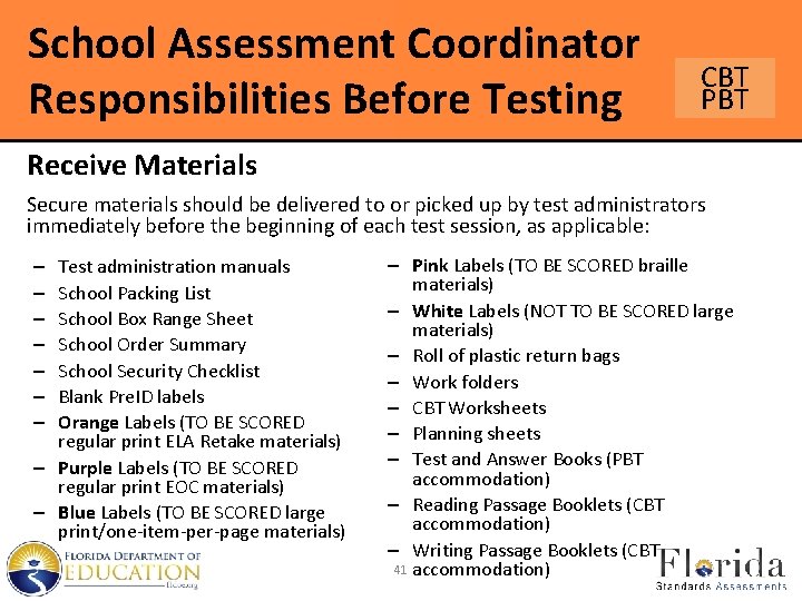 School Assessment Coordinator Responsibilities Before Testing CBT PBT Receive Materials Secure materials should be