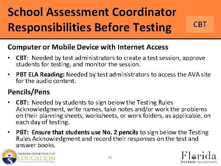 School Assessment Coordinator Responsibilities Before Testing CBT Computer or Mobile Device with Internet Access