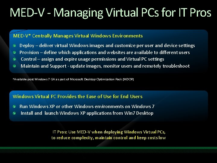 MED-V - Managing Virtual PCs for IT Pros MED-V* Centrally Manages Virtual Windows Environments