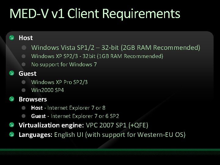 MED-V v 1 Client Requirements Host Windows Vista SP 1/2 – 32 -bit (2