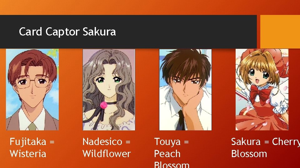 Card Captor Sakura Fujitaka = Wisteria Nadesico = Wildflower Touya = Peach Sakura =