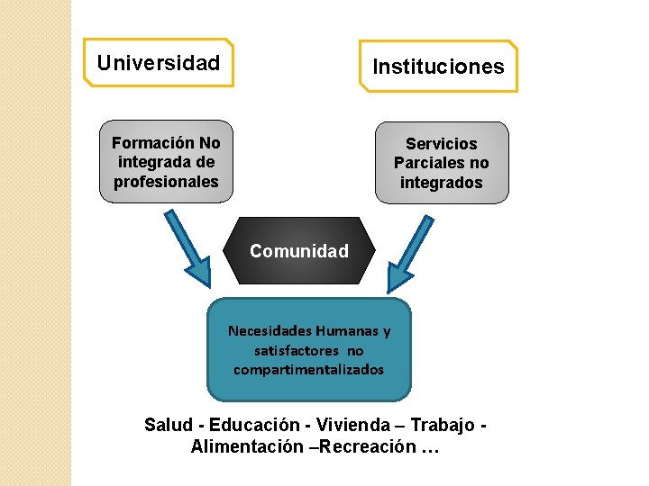 Universidad Instituciones Formación No integrada de profesionales Servicios Parciales no integrados Comunidad Necesidades Humanas