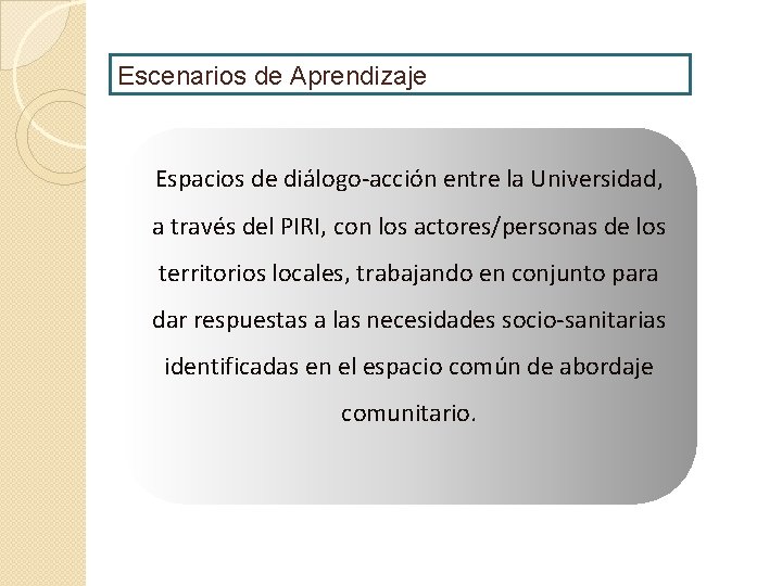 Escenarios de Aprendizaje Espacios de diálogo-acción entre la Universidad, a través del PIRI, con
