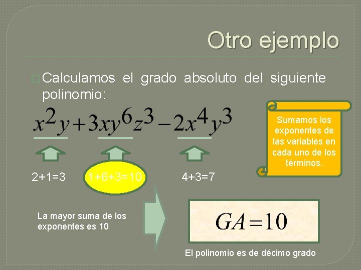 Otro ejemplo � Calculamos el grado absoluto del siguiente polinomio: Sumamos los exponentes de