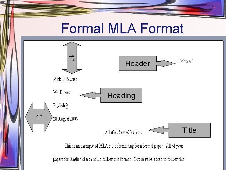Formal MLA Format 1” Header Heading 1” Title 