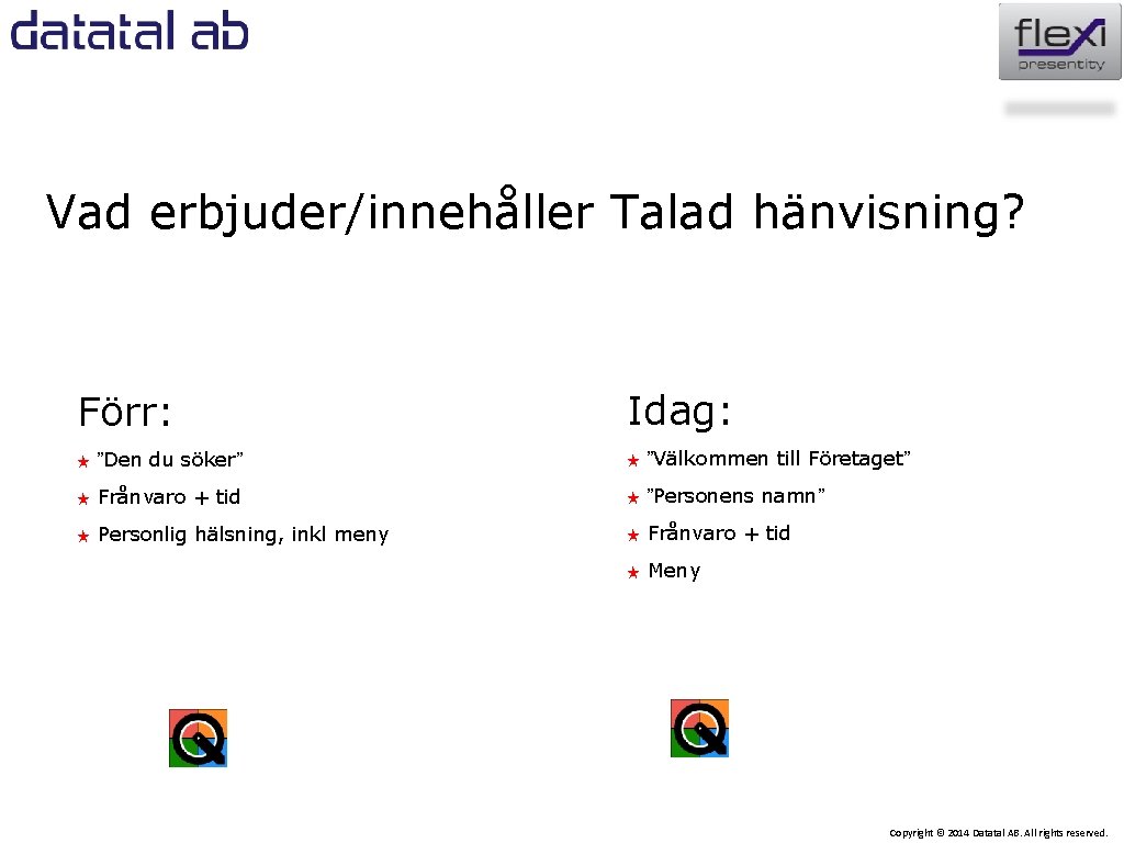 Vad erbjuder/innehåller Talad hänvisning? Förr: Idag: ★ ”Den du söker” ★ ”Välkommen till Företaget”