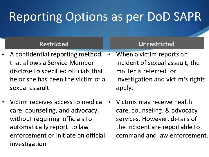 Reporting Options as per Do. D SAPR Restricted • A confidential reporting method • Reporting Options as per Do. D SAPR Restricted • A confidential reporting method •