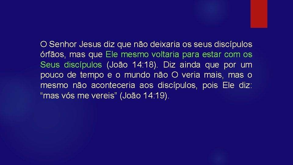 O Senhor Jesus diz que não deixaria os seus discípulos órfãos, mas que Ele