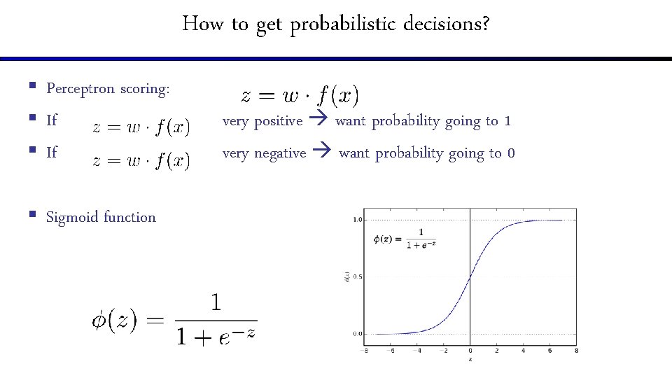 How to get probabilistic decisions? § Perceptron scoring: § If § Sigmoid function very