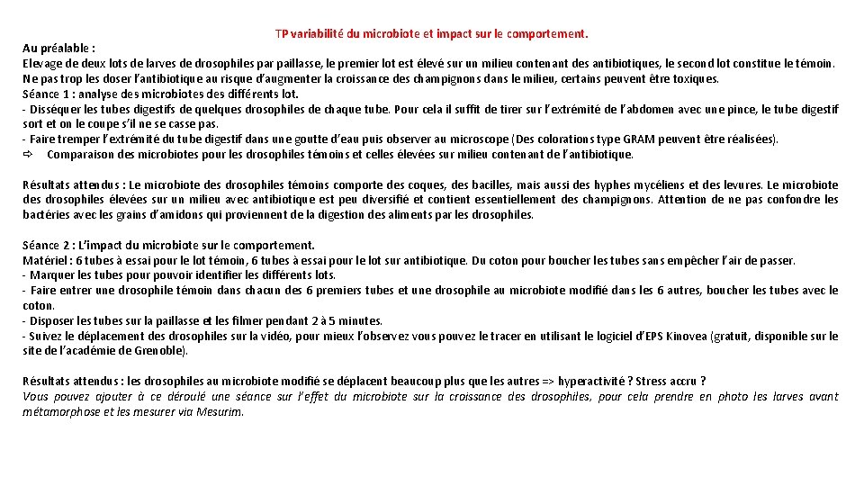 TP variabilité du microbiote et impact sur le comportement. Au préalable : Elevage de