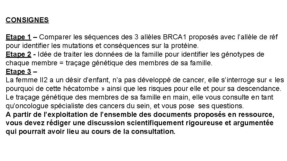 CONSIGNES Etape 1 – Comparer les séquences des 3 allèles BRCA 1 proposés avec