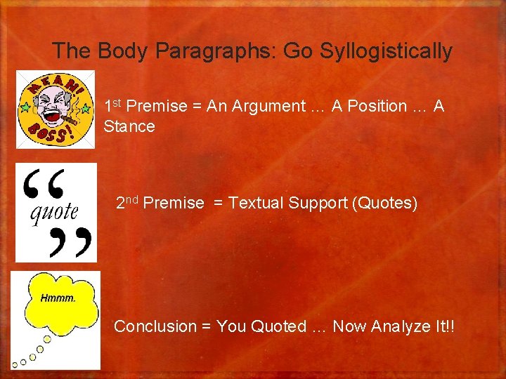 The Body Paragraphs: Go Syllogistically 1 st Premise = An Argument … A Position