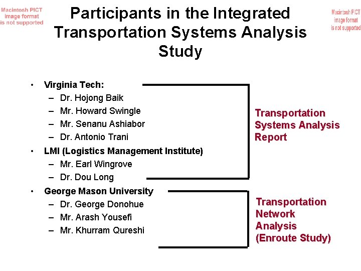 Participants in the Integrated Transportation Systems Analysis Study • Virginia Tech: – Dr. Hojong