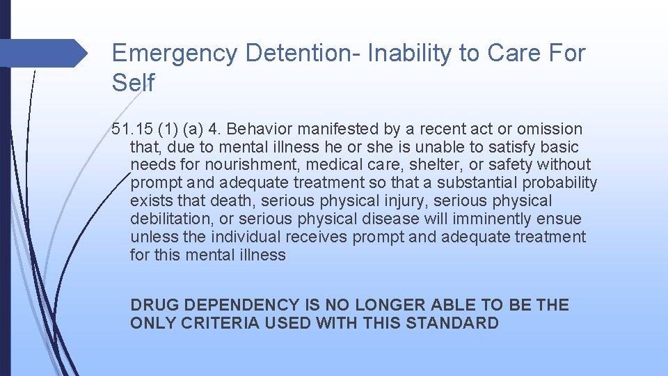 Emergency Detention- Inability to Care For Self 51. 15 (1) (a) 4. Behavior manifested