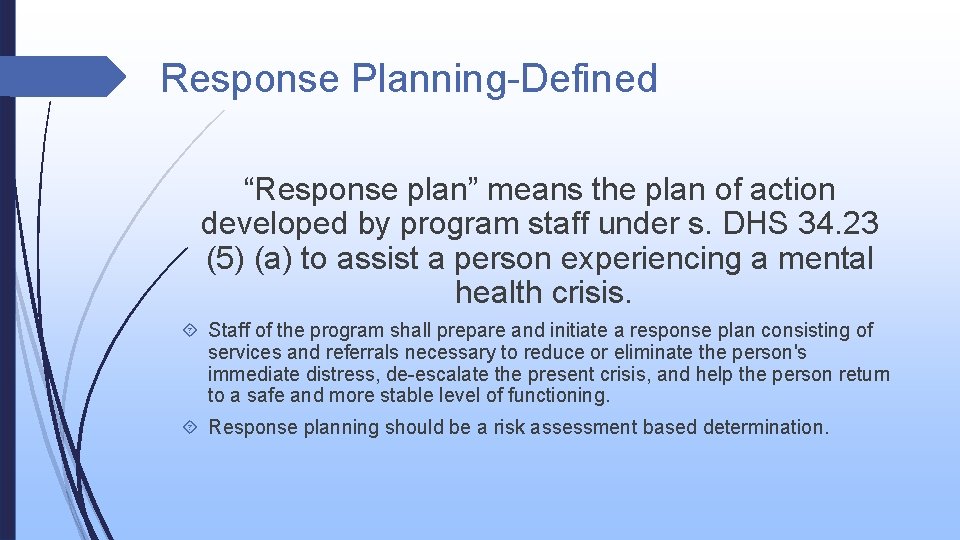 Response Planning-Defined “Response plan” means the plan of action developed by program staff under