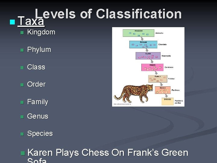 Levels of Classification n Taxa n Kingdom n Phylum n Class n Order n