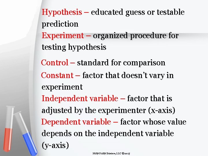 Hypothesis – educated guess or testable prediction Experiment – organized procedure for testing hypothesis