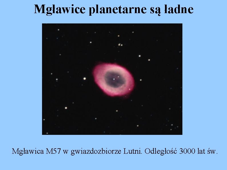 Mgławice planetarne są ładne Mgławica M 57 w gwiazdozbiorze Lutni. Odległość 3000 lat św.