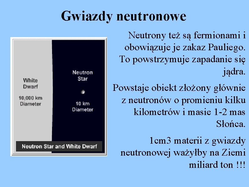 Gwiazdy neutronowe Neutrony też są fermionami i obowiązuje je zakaz Pauliego. To powstrzymuje zapadanie