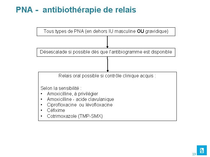 PNA - antibiothérapie de relais Tous types de PNA (en dehors IU masculine OU