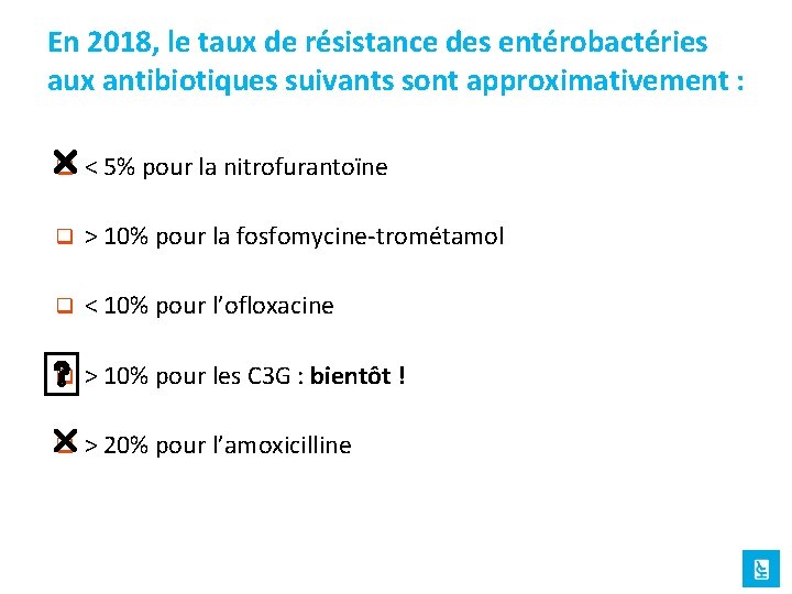 En 2018, le taux de résistance des entérobactéries aux antibiotiques suivants sont approximativement :