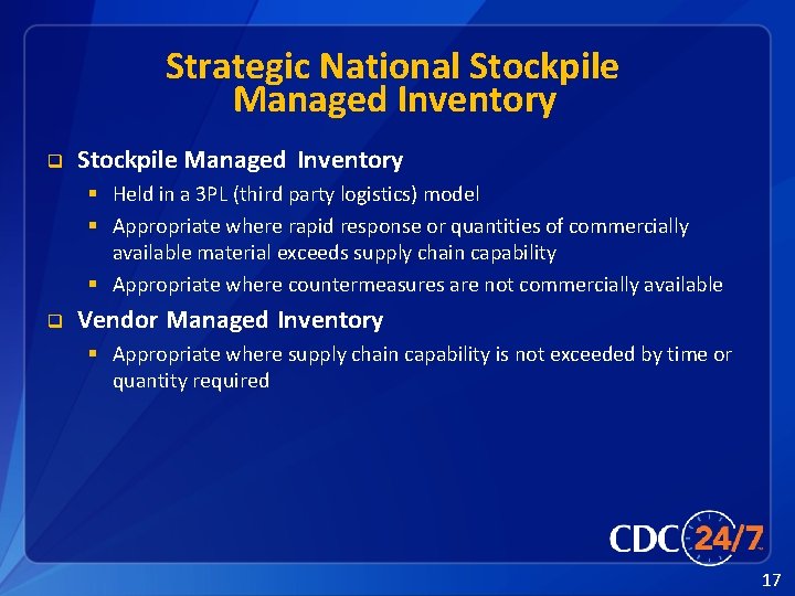 Strategic National Stockpile Managed Inventory q Stockpile Managed Inventory § Held in a 3