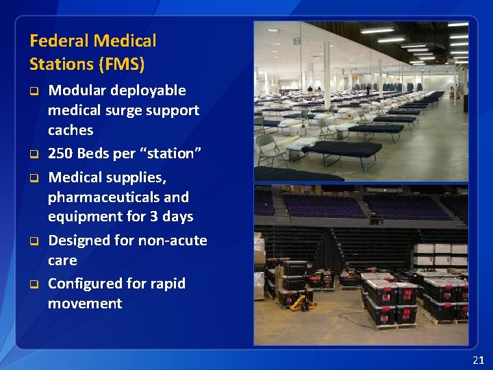 Federal Medical Stations (FMS) q q q Modular deployable medical surge support caches 250