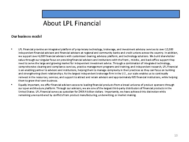 About LPL Financial Our business model • • LPL Financial provides an integrated platform