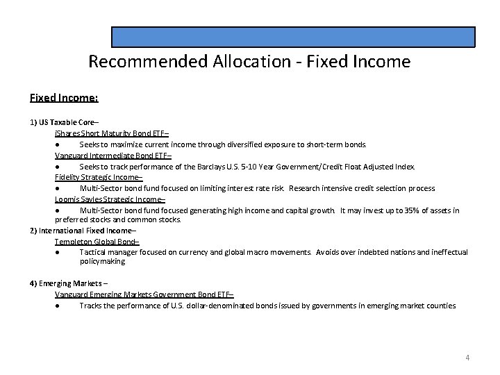 Recommended Allocation - Fixed Income: 1) US Taxable Core– i. Shares Short Maturity Bond