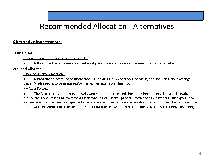 Recommended Allocation - Alternatives Alternative Investments: 1) Real Estate– Vanguard Real Estate Investment Trust