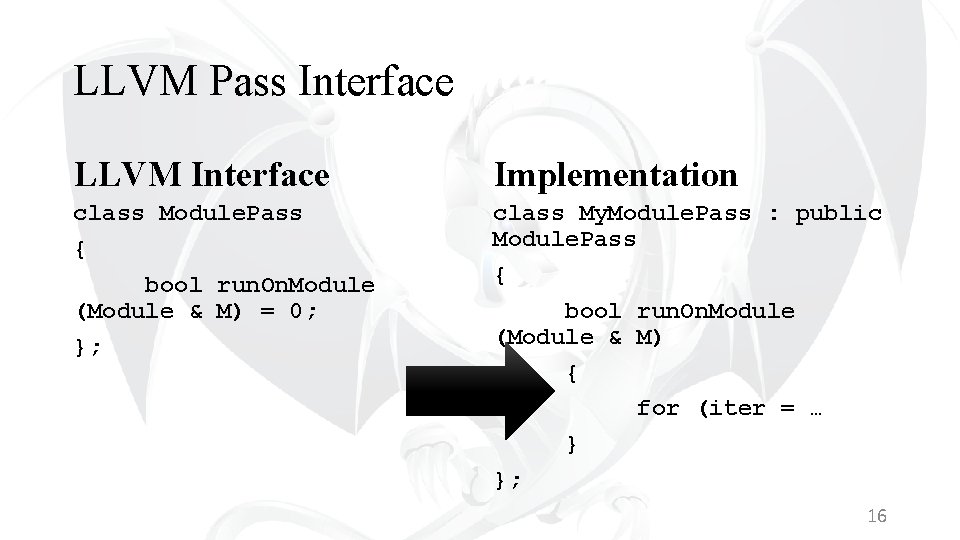 LLVM Pass Interface LLVM Interface Implementation class Module. Pass { bool run. On. Module
