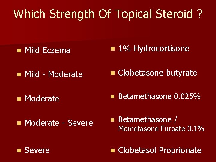 Which Strength Of Topical Steroid ? n Mild Eczema n 1% Hydrocortisone n Mild