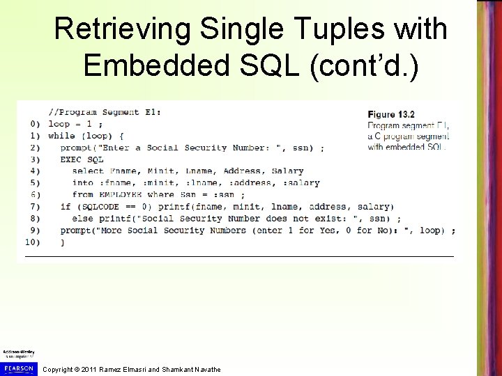 Retrieving Single Tuples with Embedded SQL (cont’d. ) Copyright © 2011 Ramez Elmasri and