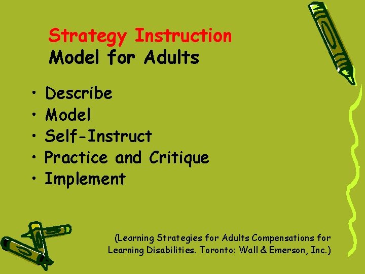 Strategy Instruction Model for Adults • • • Describe Model Self-Instruct Practice and Critique Strategy Instruction Model for Adults • • • Describe Model Self-Instruct Practice and Critique