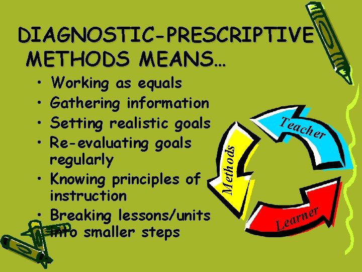 DIAGNOSTIC-PRESCRIPTIVE METHODS MEANS… Working as equals Gathering information Setting realistic goals Re-evaluating goals regularly DIAGNOSTIC-PRESCRIPTIVE METHODS MEANS… Working as equals Gathering information Setting realistic goals Re-evaluating goals regularly