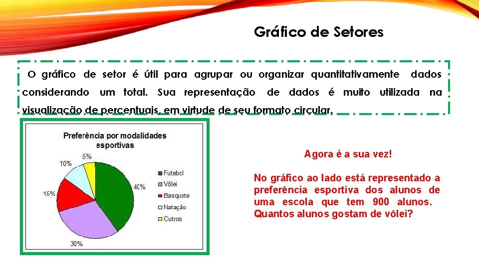 Gráfico de Setores O gráfico de setor é útil para agrupar ou organizar quantitativamente