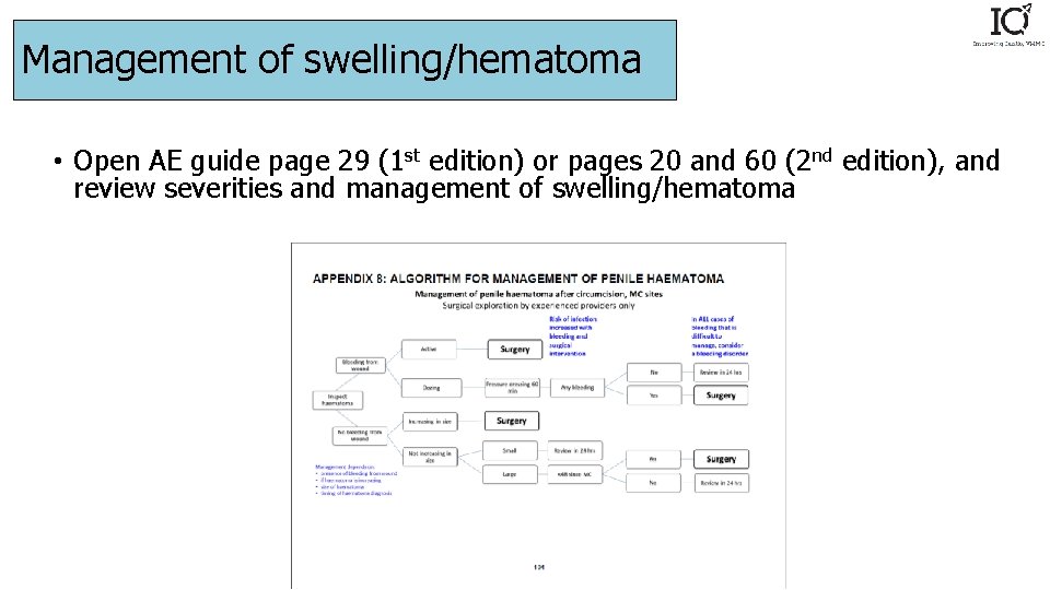 Management of swelling/hematoma • Open AE guide page 29 (1 st edition) or pages