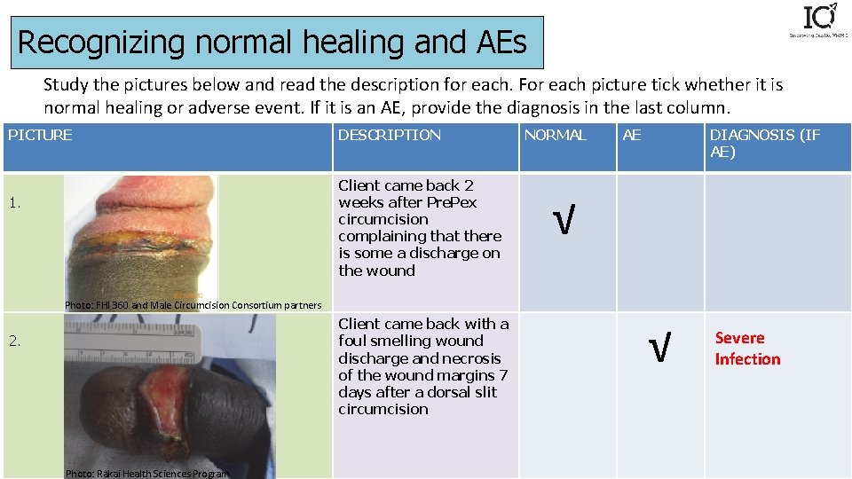 Recognizing normal healing and AEs Study the pictures below and read the description for