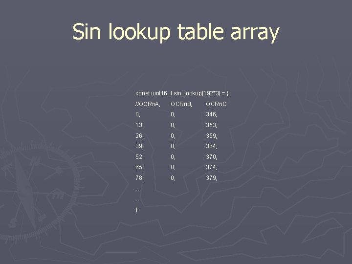 Sin lookup table array const uint 16_t sin_lookup[192*3] = { //OCRn. A, OCRn. B,