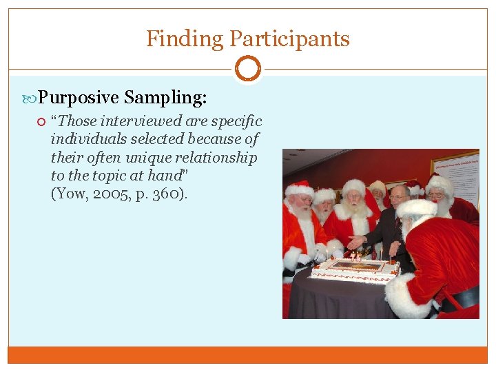 Finding Participants Purposive Sampling: “Those interviewed are specific individuals selected because of their often