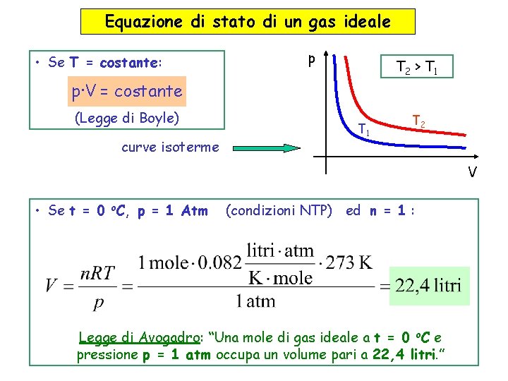 Equazione di stato di un gas ideale • Se T = costante: p T Equazione di stato di un gas ideale • Se T = costante: p T