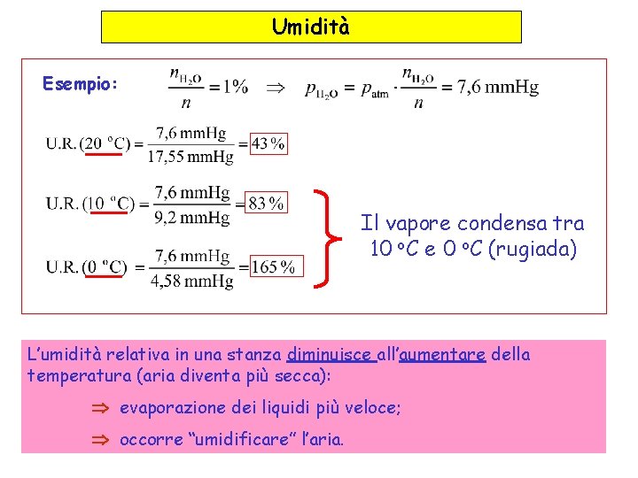Umidità Esempio: Il vapore condensa tra 10 o. C e 0 o. C (rugiada) Umidità Esempio: Il vapore condensa tra 10 o. C e 0 o. C (rugiada)