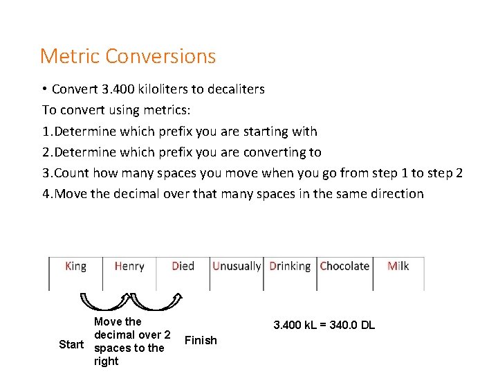 Metric Conversions • Convert 3. 400 kiloliters to decaliters To convert using metrics: 1.