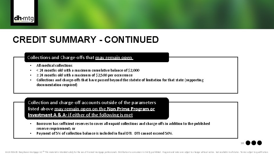 CREDIT SUMMARY - CONTINUED Collections and Charge-offs that may remain open • • All